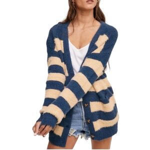 Listicle Anthropologie Cardigan Fuzzy Knit Pockets Blue Yellow Large Preppy